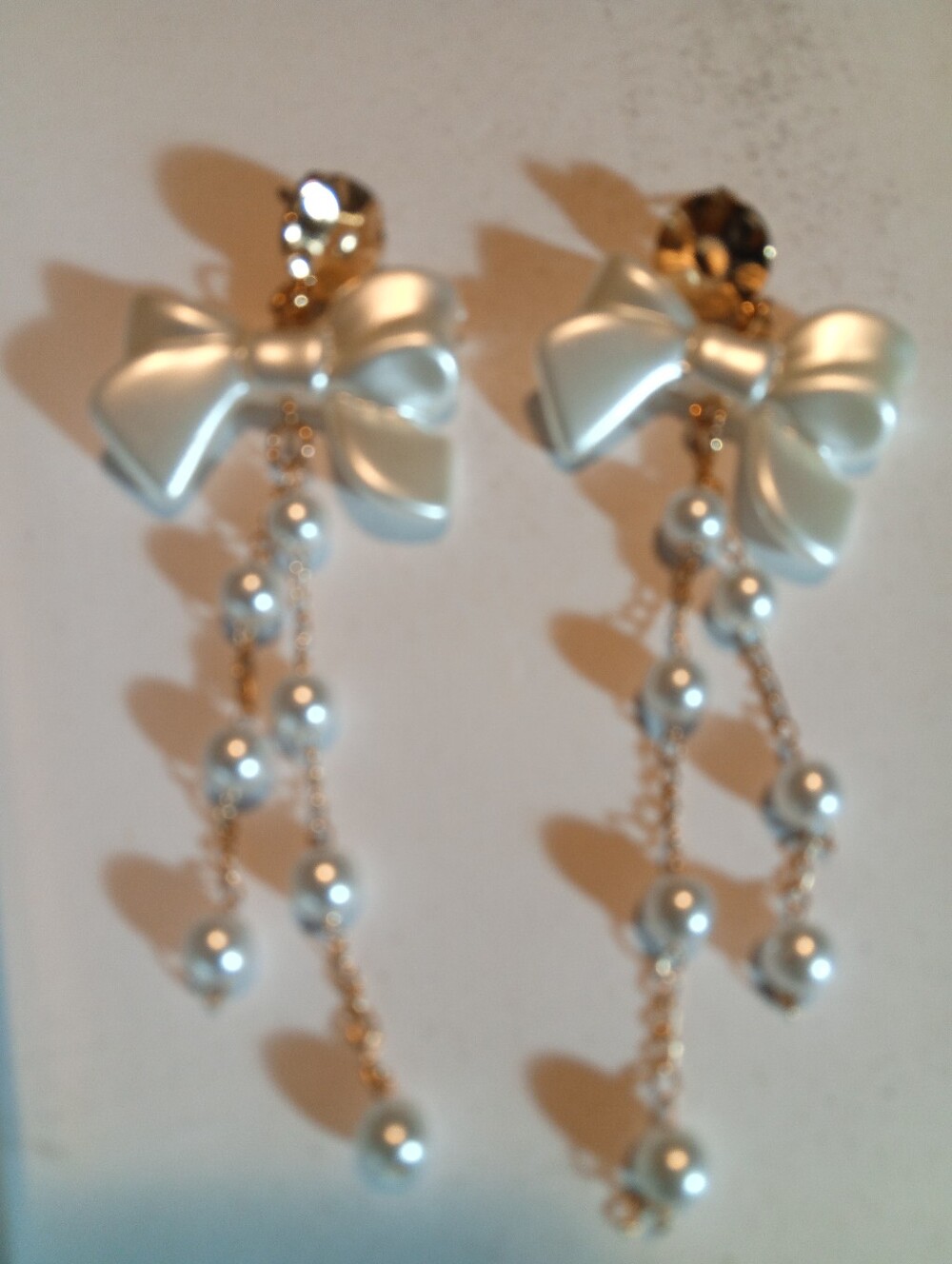 Pearl Drop Bow Dangle Earrings - White and Gold